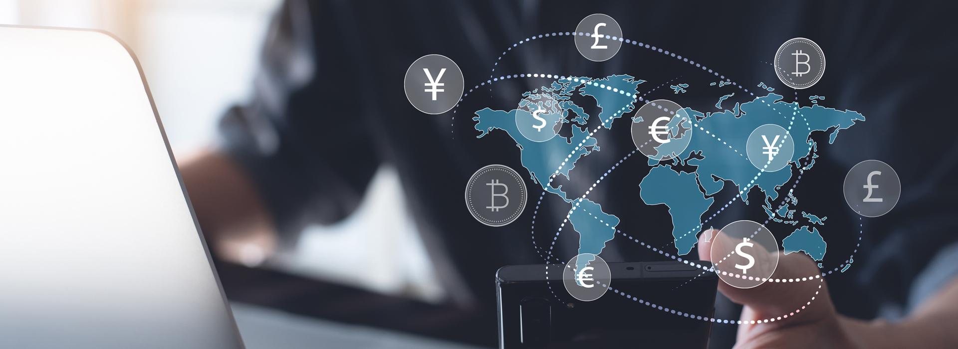 Man working on a laptop with currency symbols in rotating form on right side of image